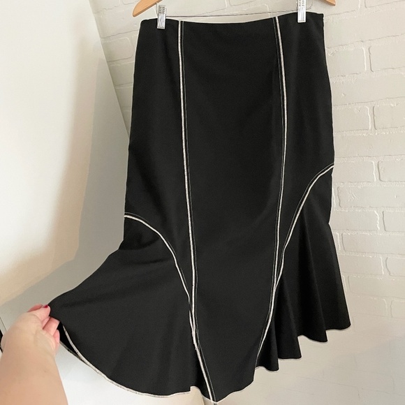 Vintage Y2K Midi Skirt Black Cream Asymmetrical Mermaid Wool blend Sz 12 - Picture 2 of 10